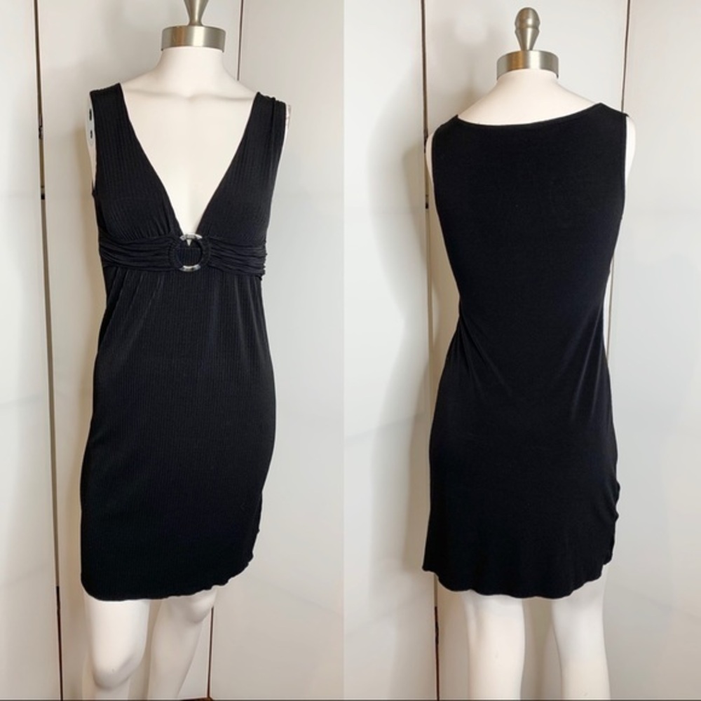 Pleated O Ring Empire Waist Plunging Neckline Mini